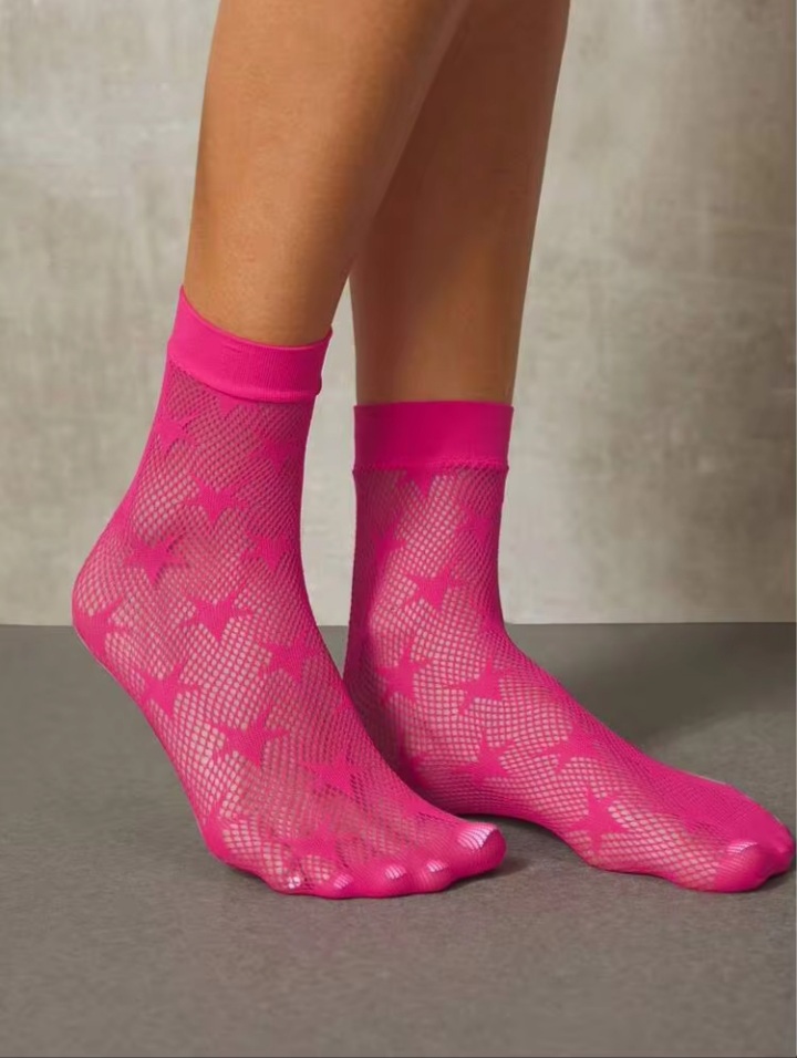 Women’s Hot Pink Sheer Mesh Ankle Socks with Star Pattern – Stretchy Casual Fashion Socks